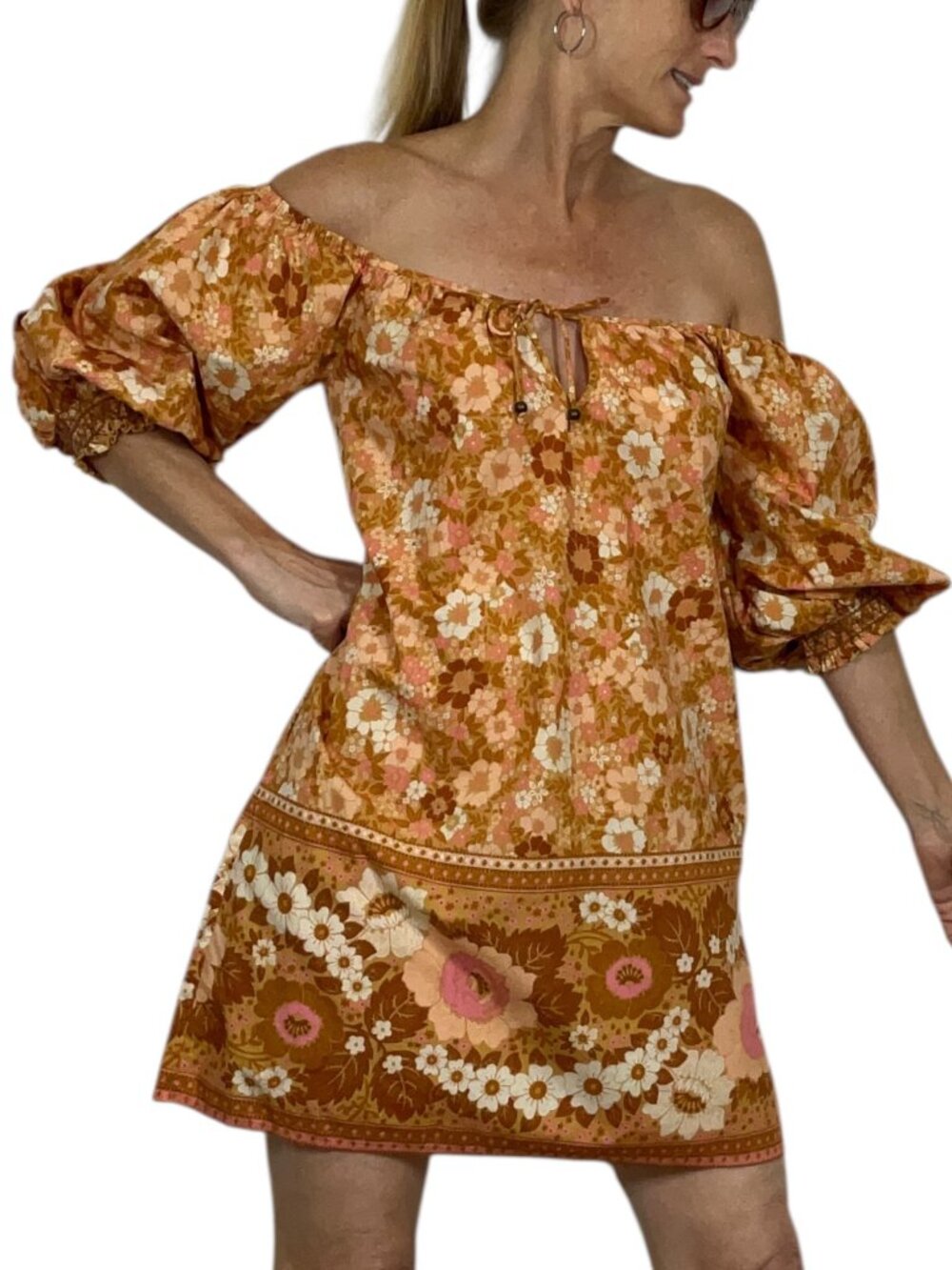 Spell and The Gypsy Anne Tunic Dress M Tan Floral Mini Off The Shoulder - Picture 2 of 16